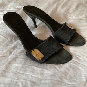 Black GUCCI Canvas Gold Dog Tag Heels